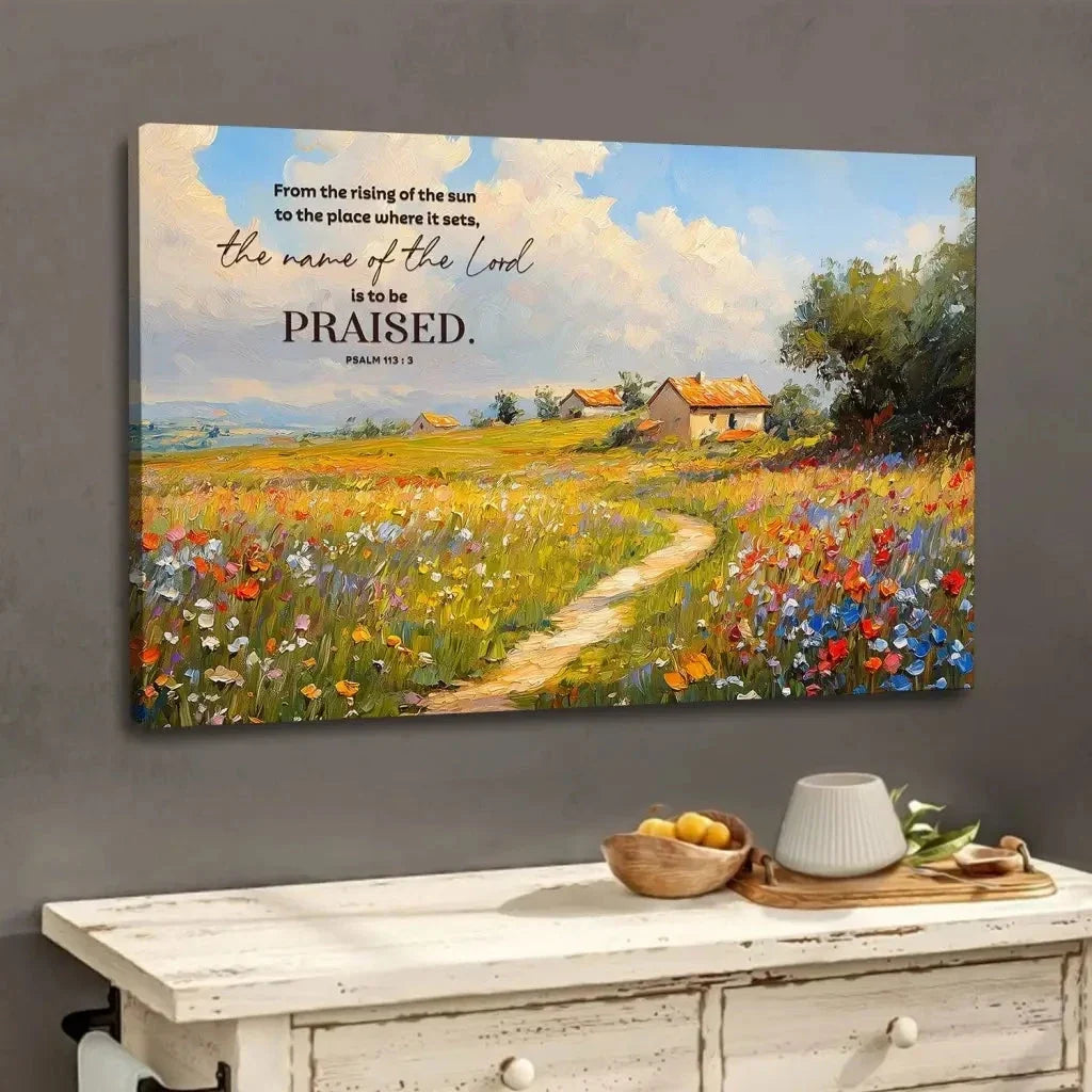psalm 113 3 from the rising of the sun bible verse wall art canvas (Landscape) (view 2)