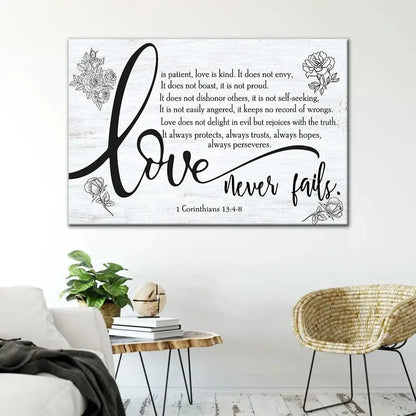 love never fails 1 corinthians 13 4 8 wall art canvas (Landscape) (view 3)