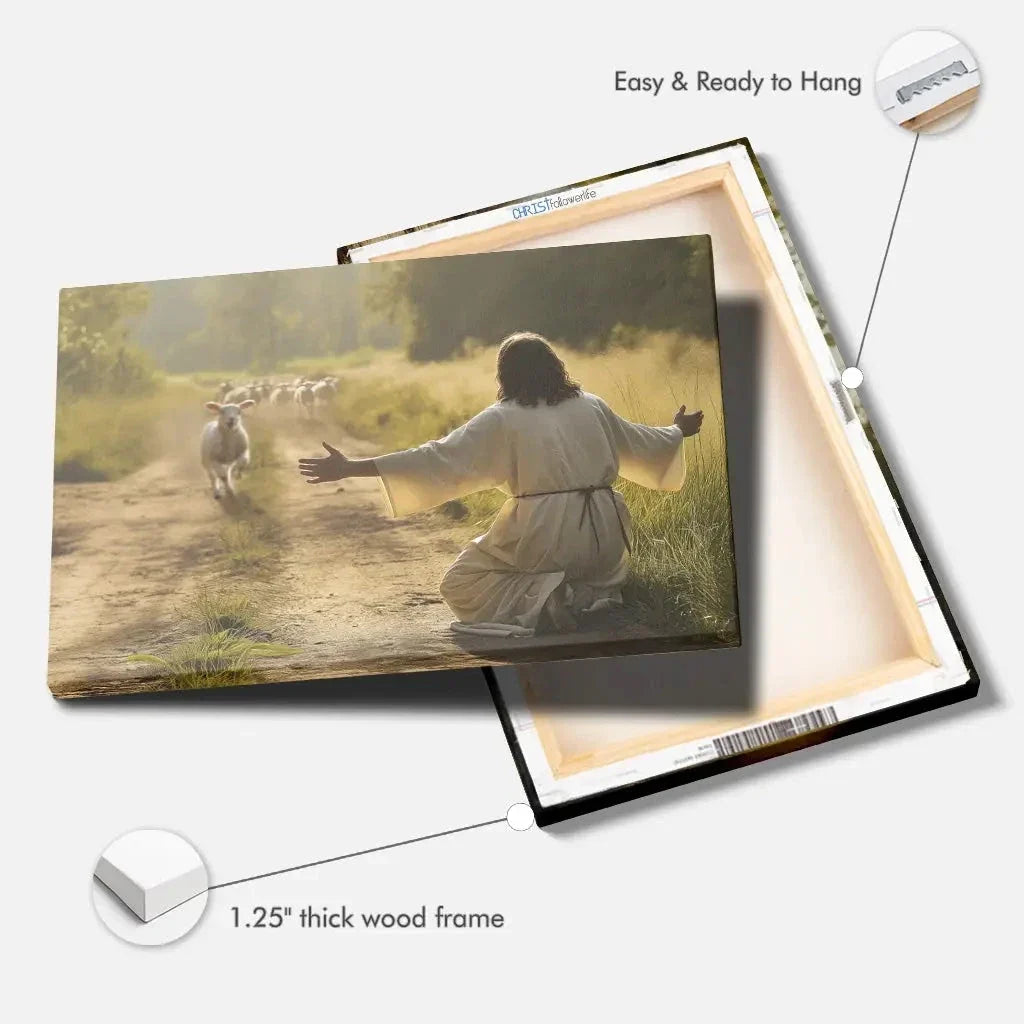 lamb runs to jesus wall art canvas (Landscape) (view 3)