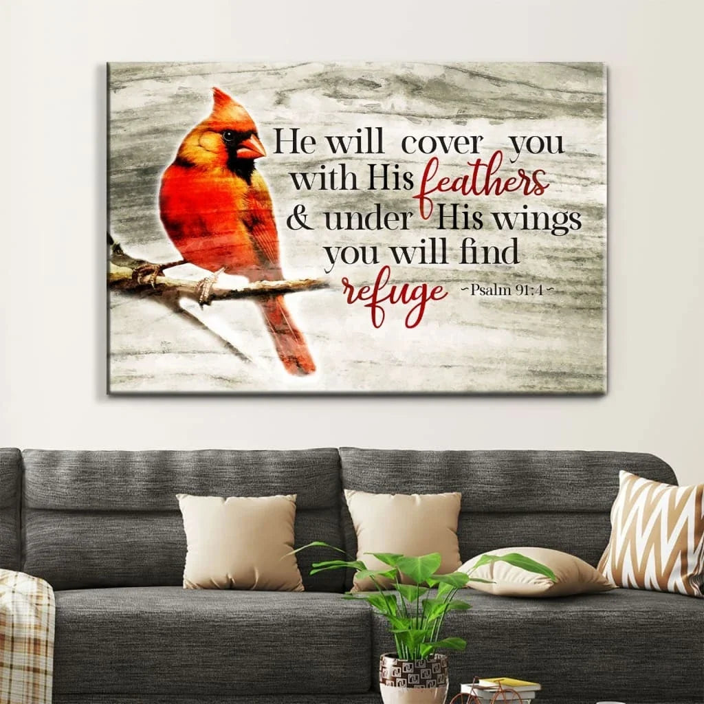 he will cover you with his feathers psalm 91 4 cardinal bird wall art canvas (Landscape)