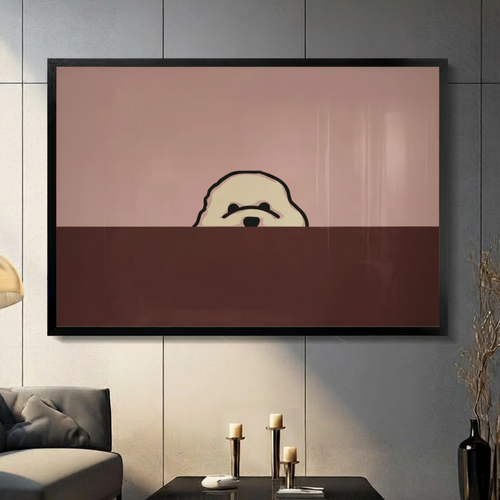 Peeking Fluffy Dog Minimalist Two-Tone Canvas Art