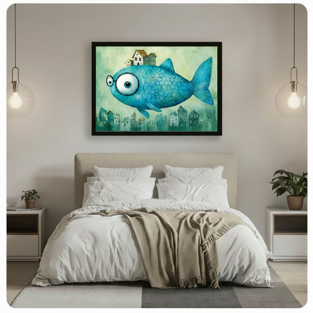 Whimsical Flying Fish Town Fantasy Canvas Art