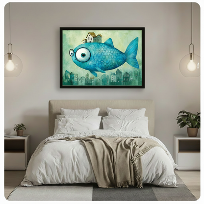 Whimsical Flying Fish Town Fantasy Canvas Art