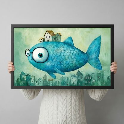 Whimsical Flying Fish Town Fantasy Canvas Art