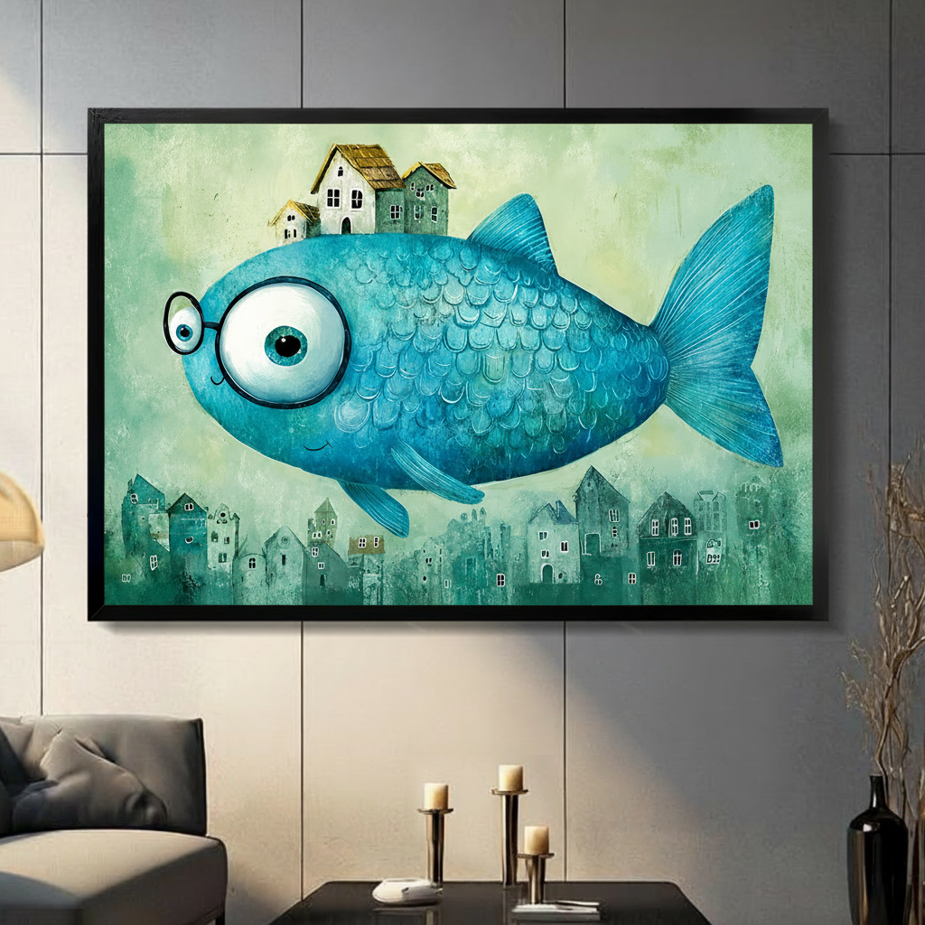 Whimsical Flying Fish Town Fantasy Canvas Art