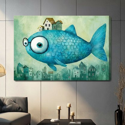 Whimsical Flying Fish Town Fantasy Canvas Art