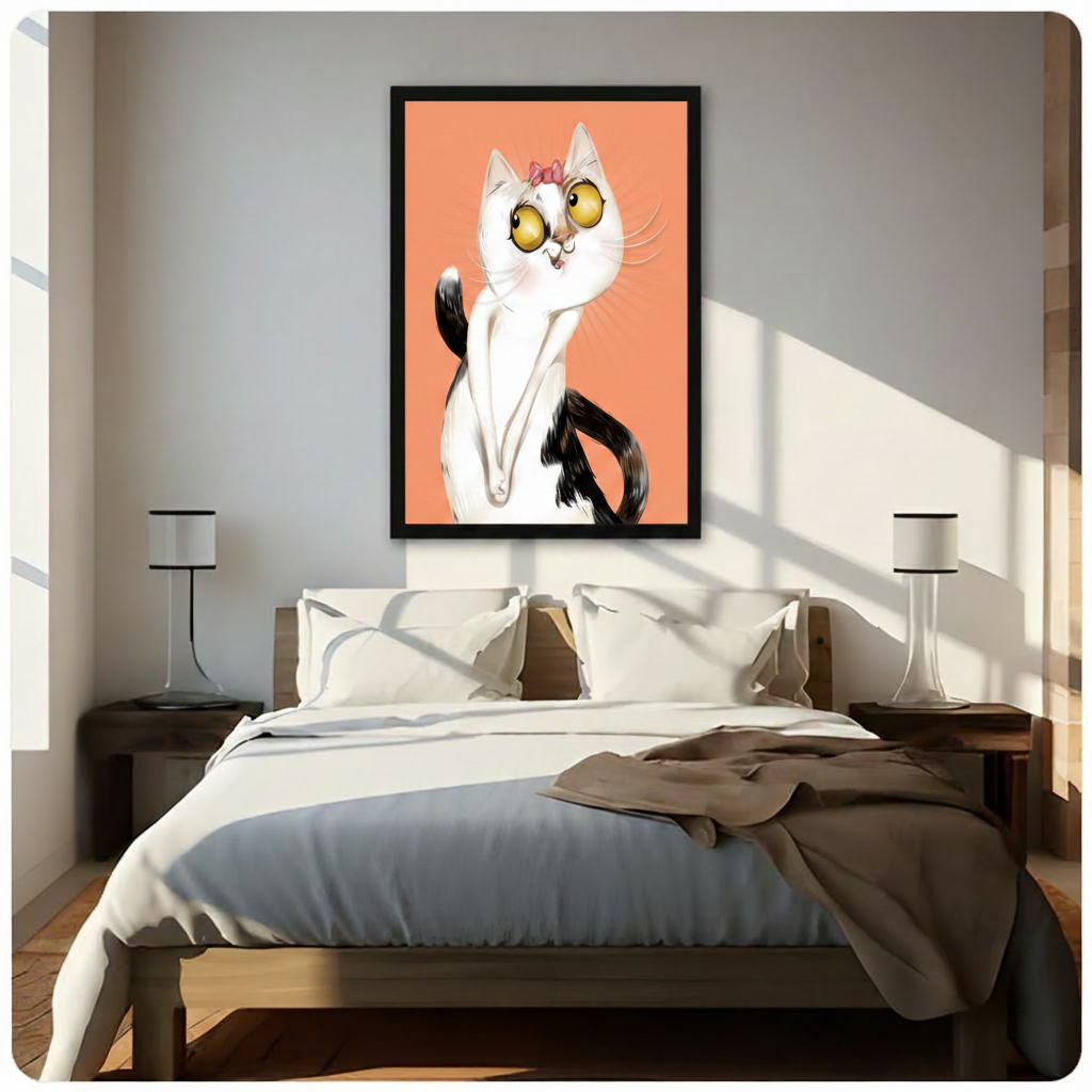 Sassy White Cat Bow Whimsical Canvas Wall Art