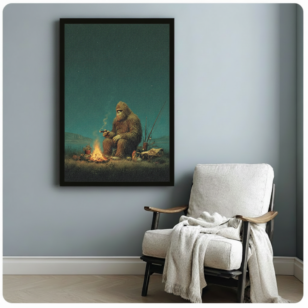 Bigfoot Campfire Fishing Night Canvas Art Wall Art