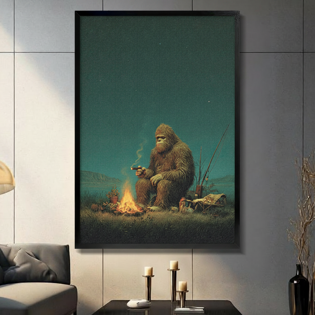 Bigfoot Campfire Fishing Night Canvas Art Wall Art