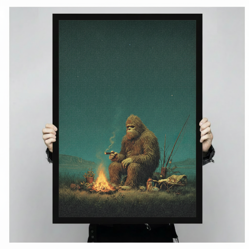 Bigfoot Campfire Fishing Night Canvas Art Wall Art