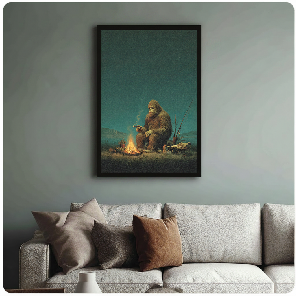 Bigfoot Campfire Fishing Night Canvas Art Wall Art