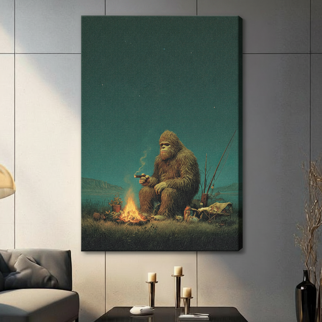 Bigfoot Campfire Fishing Night Canvas Art Wall Art