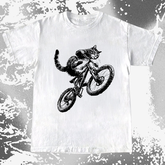 Mountain Bike Cat Shirt, Feral Motion Line Art Aesthetic