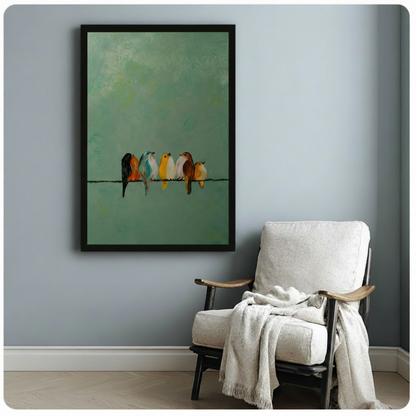 Colorful Birds on Wire Oil Painting Canvas Art