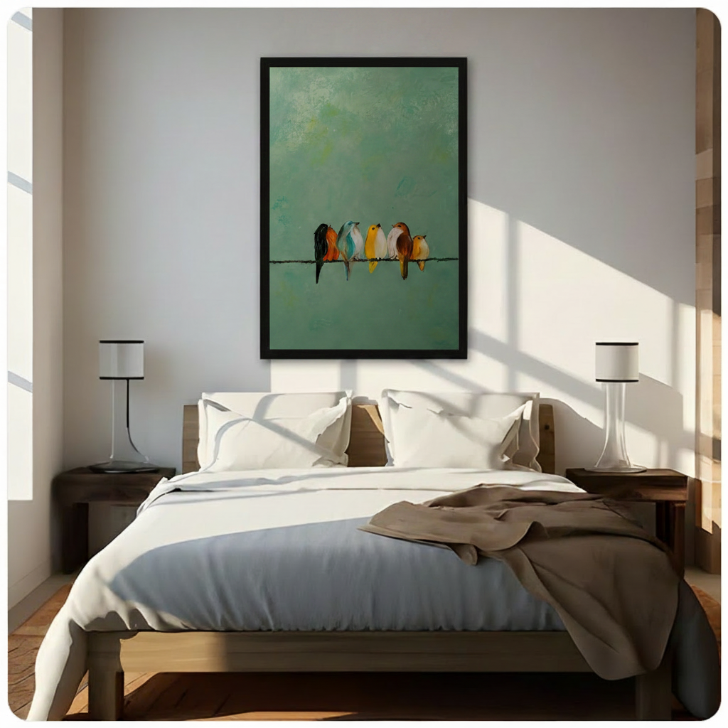 Colorful Birds on Wire Oil Painting Canvas Art