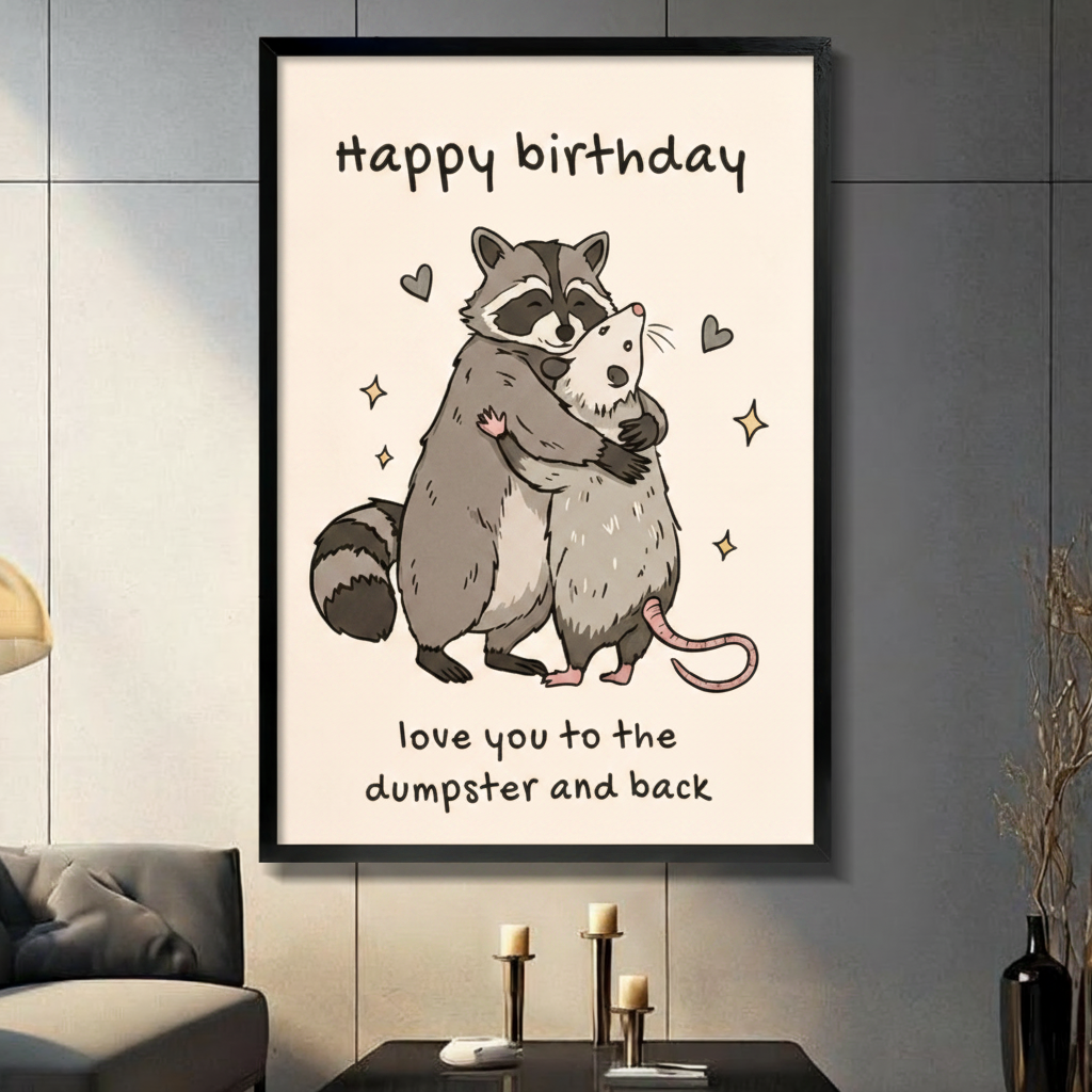 Funny Birthday Raccoon Hug Canvas Wall Art