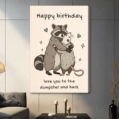 Funny Birthday Raccoon Hug Canvas Wall Art