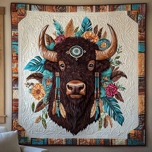Bison And Flower Quilt Blanket