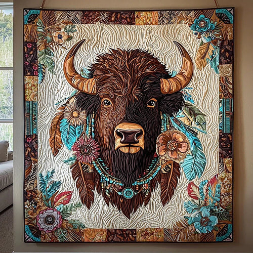 Bison And Flower Quilt Blanket