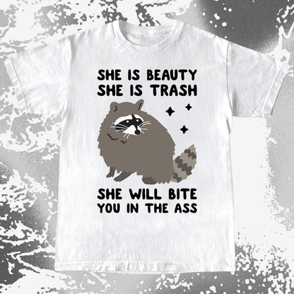 She Is Beauty She Is Trash Raccoon, funny meme tee gift (view 2)