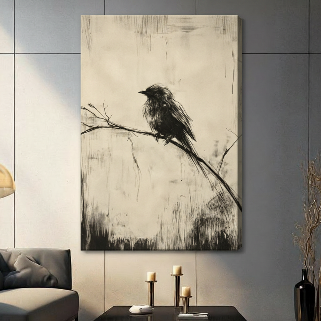 Minimalist Black Bird Branch Canvas Art Wall Art