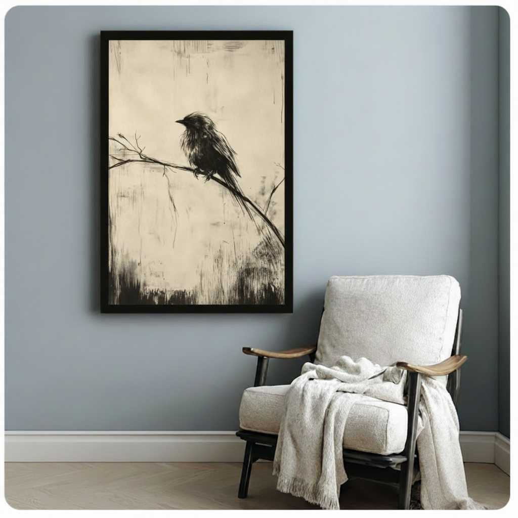 Minimalist Black Bird Branch Canvas Art Wall Art