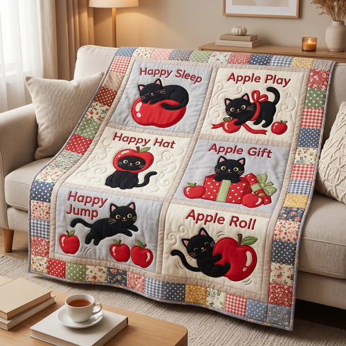 Black Cat And Apples Quilt Blanket