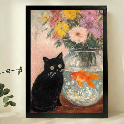 Black Cat and Goldfish Impressionist Canvas Wall Art