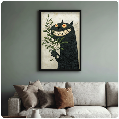 Gothic Black Cat Botanical Framed Canvas Art Wall Art