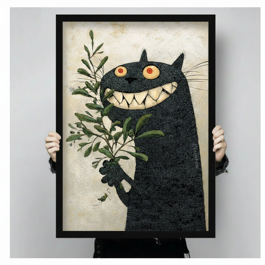 Gothic Black Cat Botanical Framed Canvas Art Wall Art