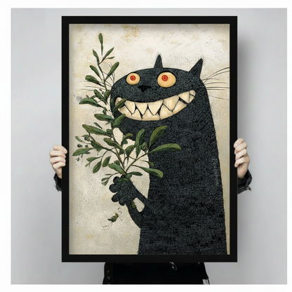 Gothic Black Cat Botanical Framed Canvas Art Wall Art
