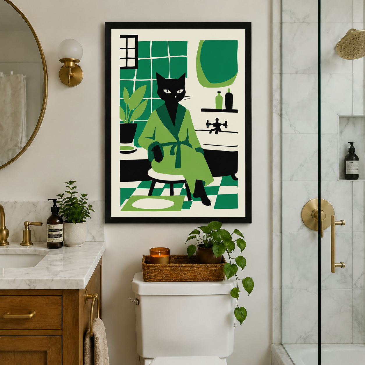 Black Cat Green Robe Retro Bathroom Canvas Wall Artv