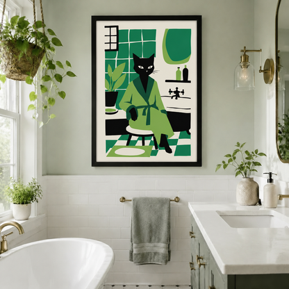 Black Cat Green Robe Retro Bathroom Canvas Wall Artv