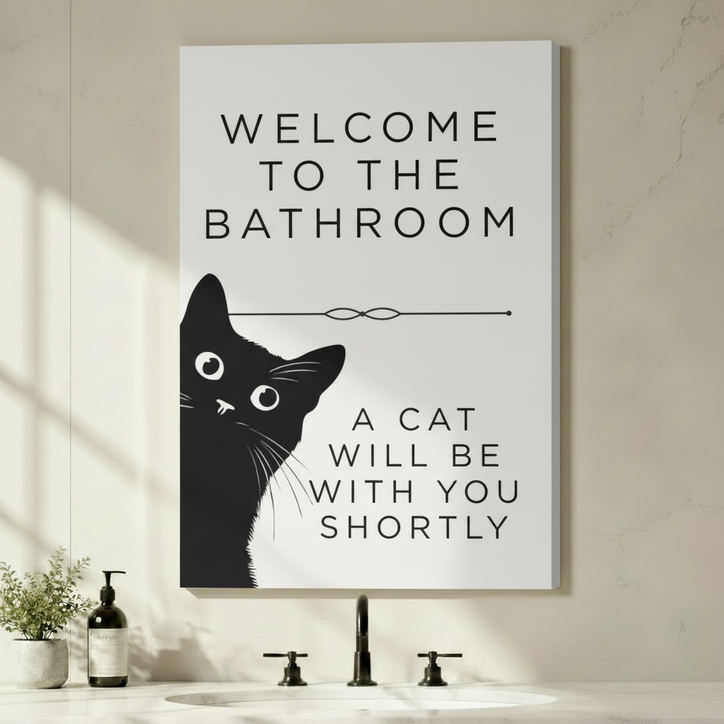 Funny Black Cat Bathroom Wall Art Canvas