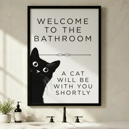 Funny Black Cat Bathroom Wall Art Canvas