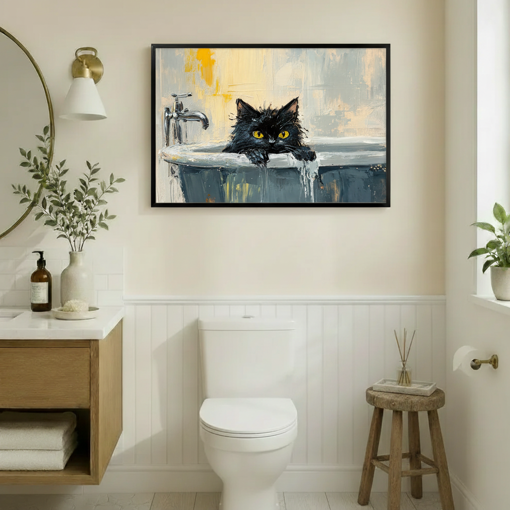 Black Cat Bathtub Oil Painting Canvas Wall Art