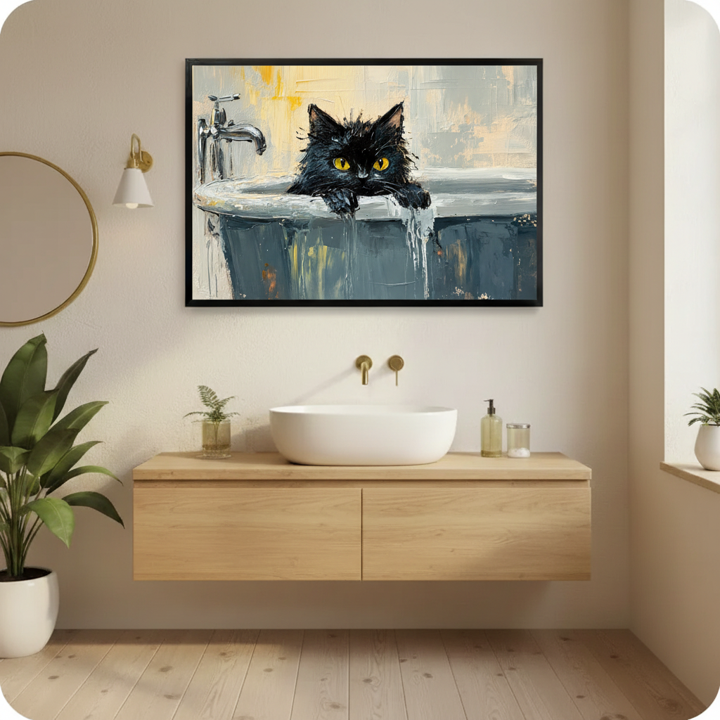 Black Cat Bathtub Oil Painting Canvas Wall Art