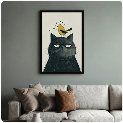 Grumpy Black Cat Yellow Bird Canvas Art Wall Art