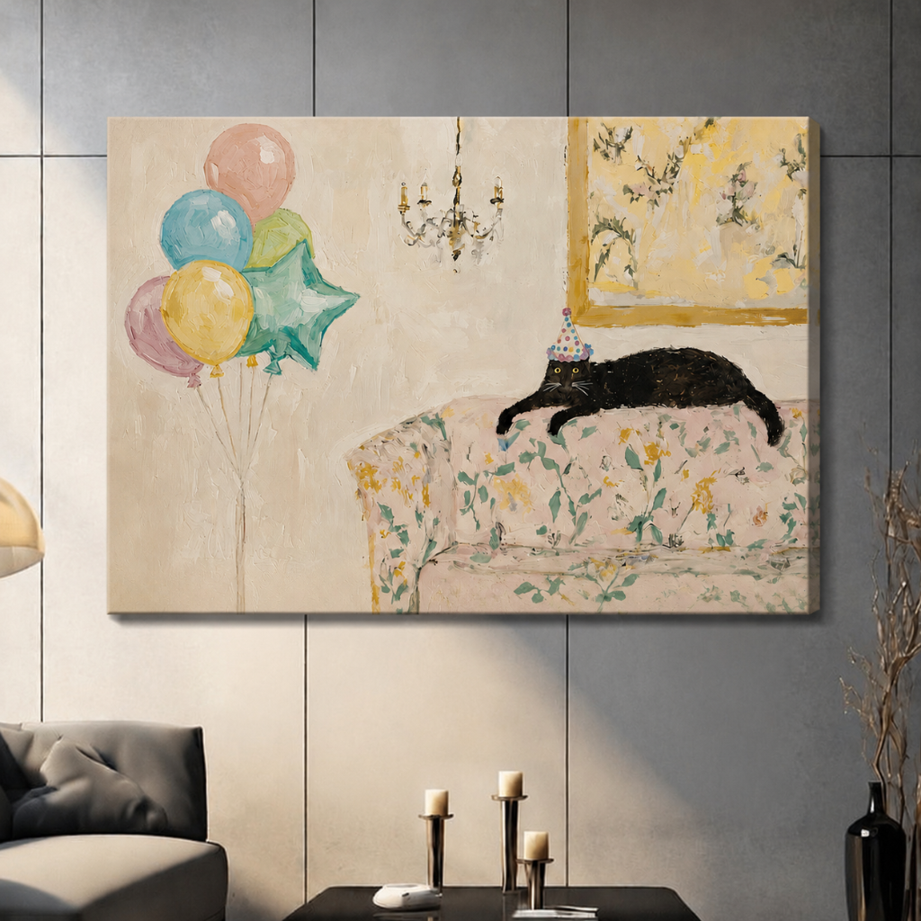 Party Cat Floral Sofa Whimsical Canvas Wall Art