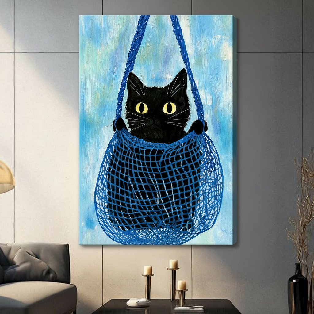 Black Cat Blue Bag Whimsical Canvas Art Wall Art