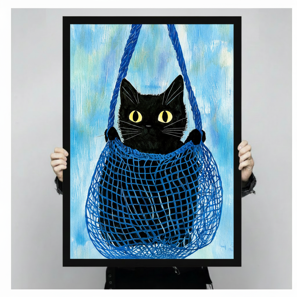 Black Cat Blue Bag Whimsical Canvas Art Wall Art