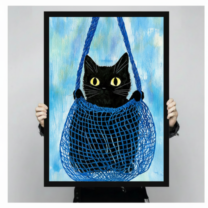 Black Cat Blue Bag Whimsical Canvas Art Wall Art