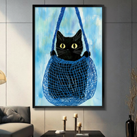 Black Cat Blue Bag Whimsical Canvas Art Wall Art