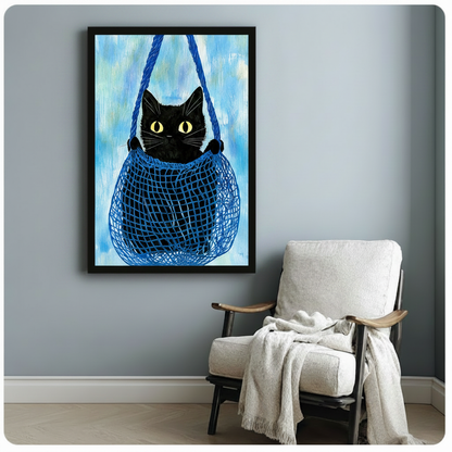 Black Cat Blue Bag Whimsical Canvas Art Wall Art
