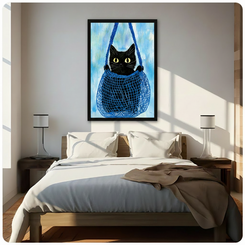 Black Cat Blue Bag Whimsical Canvas Art Wall Art