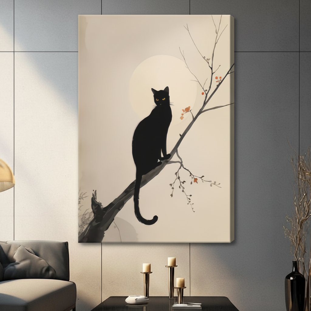 Black Cat Branch Japanese Ink Style Canvas Art