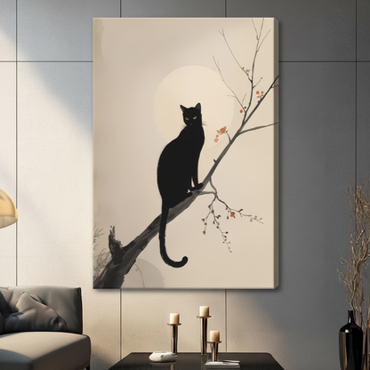 Black Cat Branch Japanese Ink Style Canvas Art