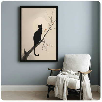 Black Cat Branch Japanese Ink Style Canvas Art
