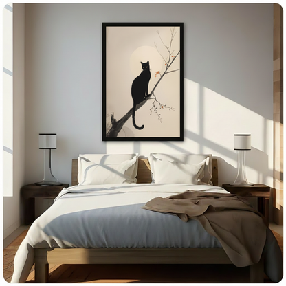 Black Cat Branch Japanese Ink Style Canvas Art