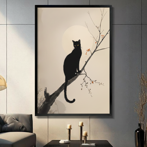 Black Cat Branch Japanese Ink Style Canvas Art